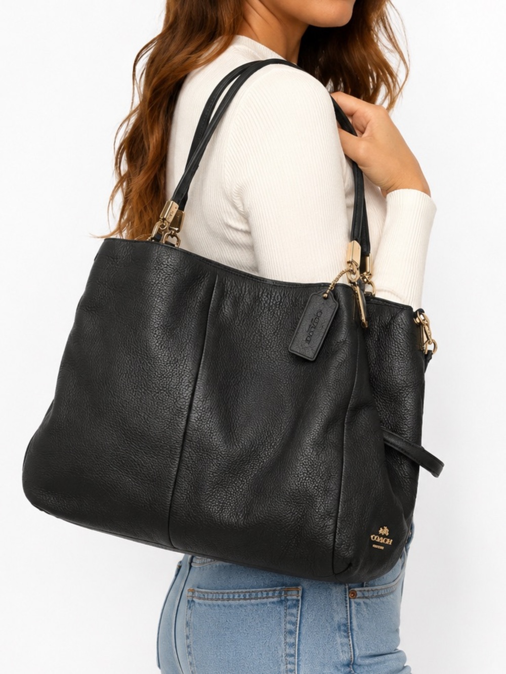 Coach Black Pebbled‎ Leather Shoulder Tote Bag Gold Hardware casual quiet luxury